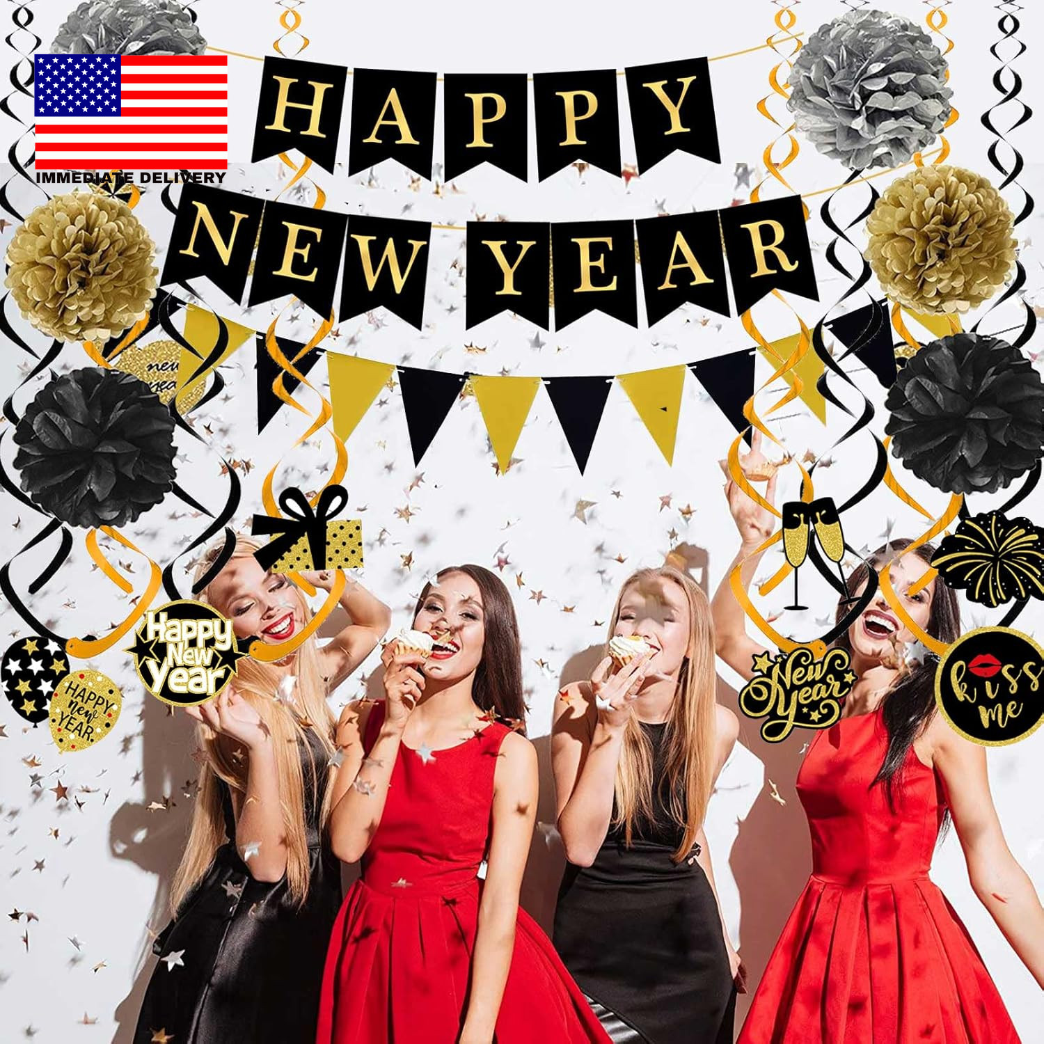 Happy New Year Banner Pom Poms Triangle Flag Swirls Garland Hanging Bunting for 