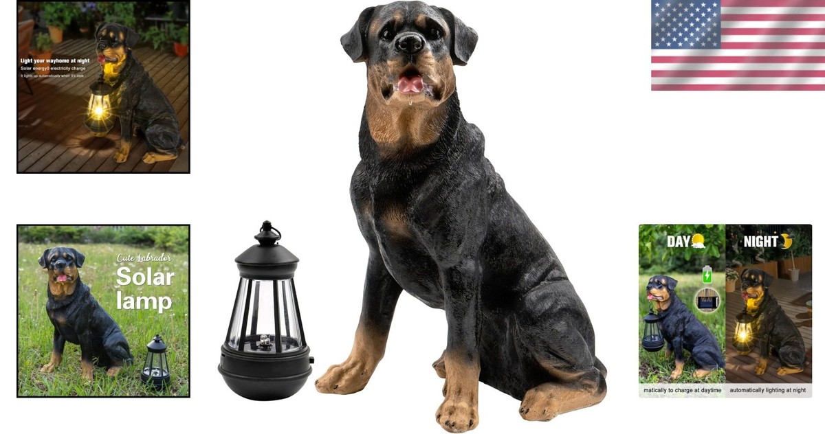 Black Rottweiler Solar Garden Statue - Windproof LED Light Decor