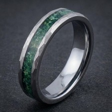 Moss Agate Ring, Hammered Silver Tungsten Ring, Mens Wedding Band, Womens