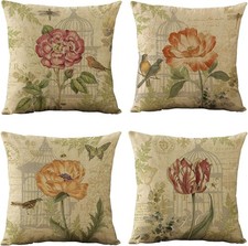 Set of 4 Vintage Spring Flower Decorative Throw Pillow Covers Pillow Cases...