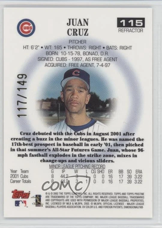 2002 Topps Pristine Refractor /149 Juan Cruz #115 - Image 2 of 2