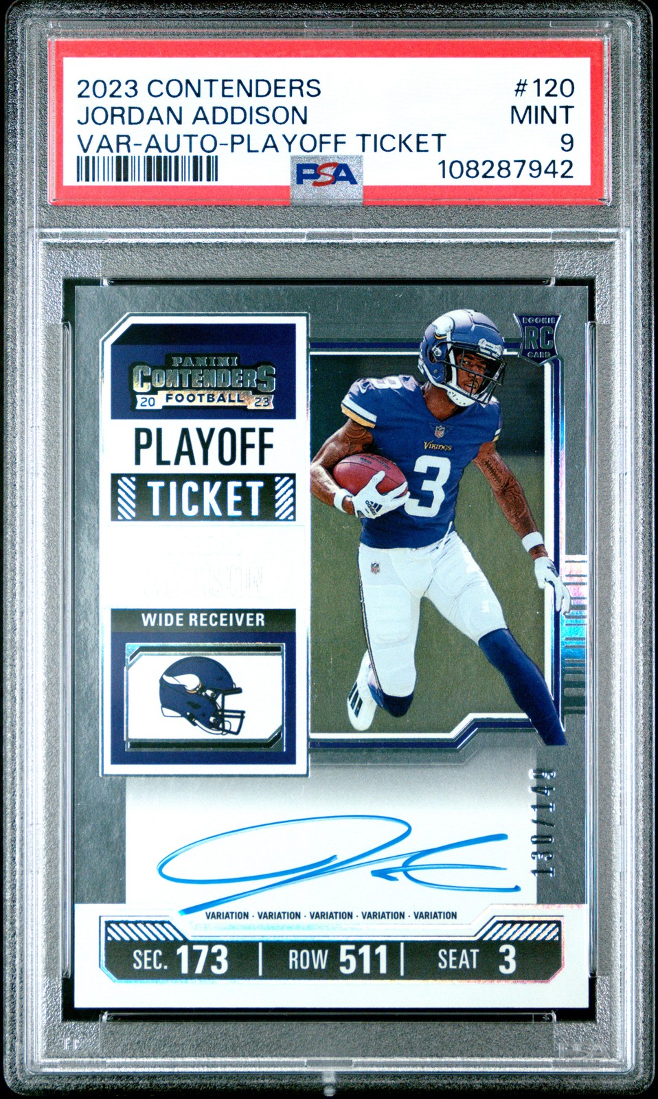 2023 CONTENDERS VAR-AUTO-PLAYOFF TKT #120 JORDAN ADDISON 130/149 PSA 9