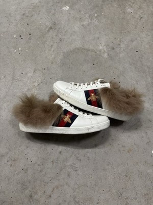 GUCCI ACE MENS WHITE LEATHER FUR LINED WEB BEE LOGO SNEAKERS MEN Sz 10G
