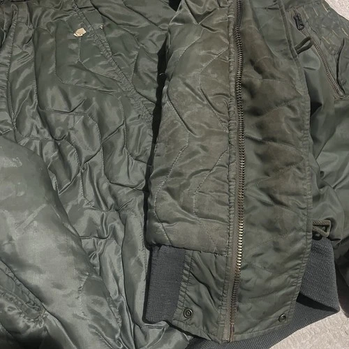 Vtg 80s Very stained Civ N-2B sage green Bomber Jacket heavy attached Hood Sz XL image 6