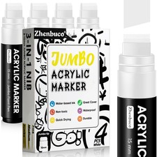 4 Pk White Jumbo Permanent Markers - 15mm Wide Tip Acrylic Paint Pen Set Large
