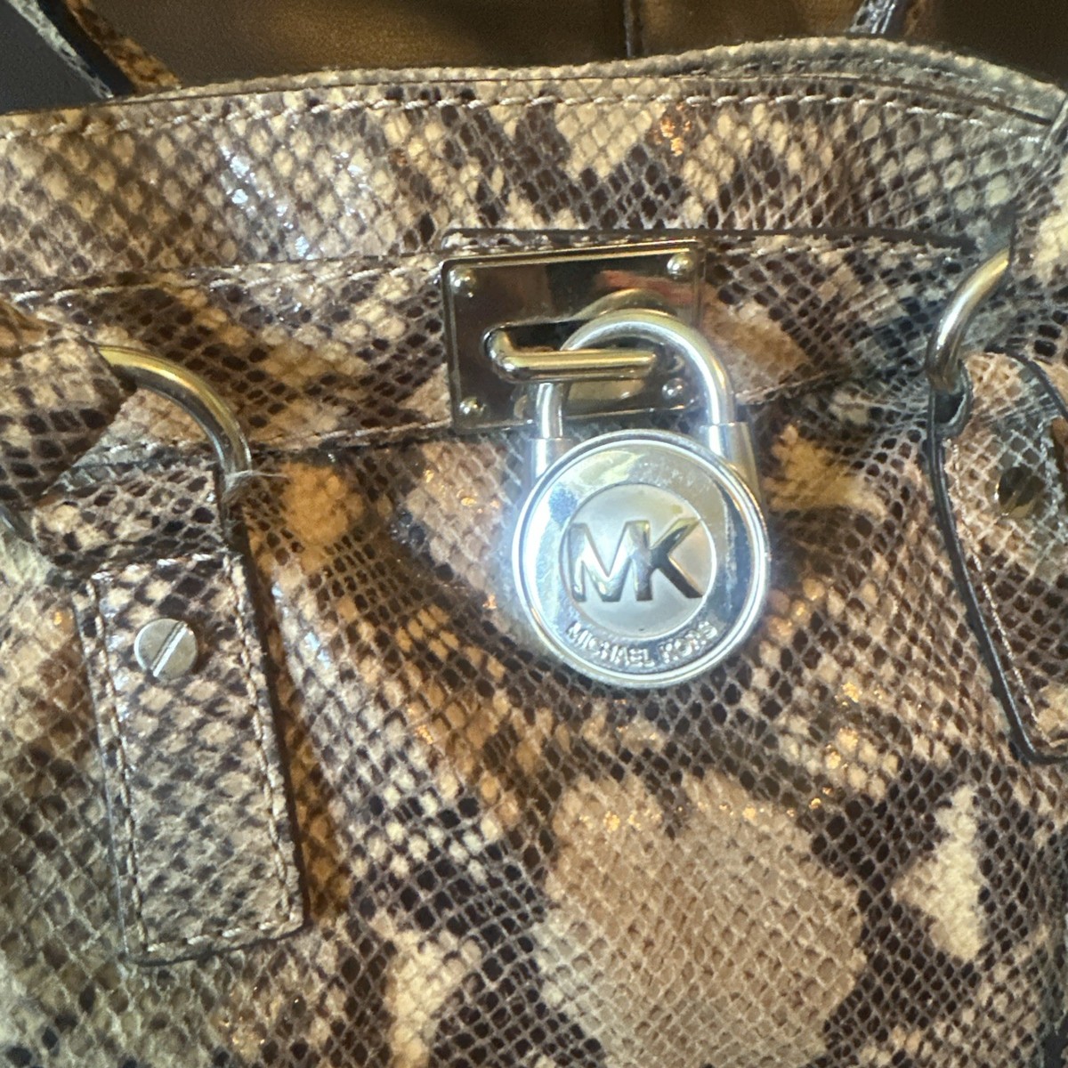 MK Hamilton Python 2-Way-Bag Snake Print Purse Brown/Tan-Silver Hardware View 2