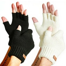 Warm Alpaca Wool Fingerless Gloves Adults Winter Knit Half Finger Black White