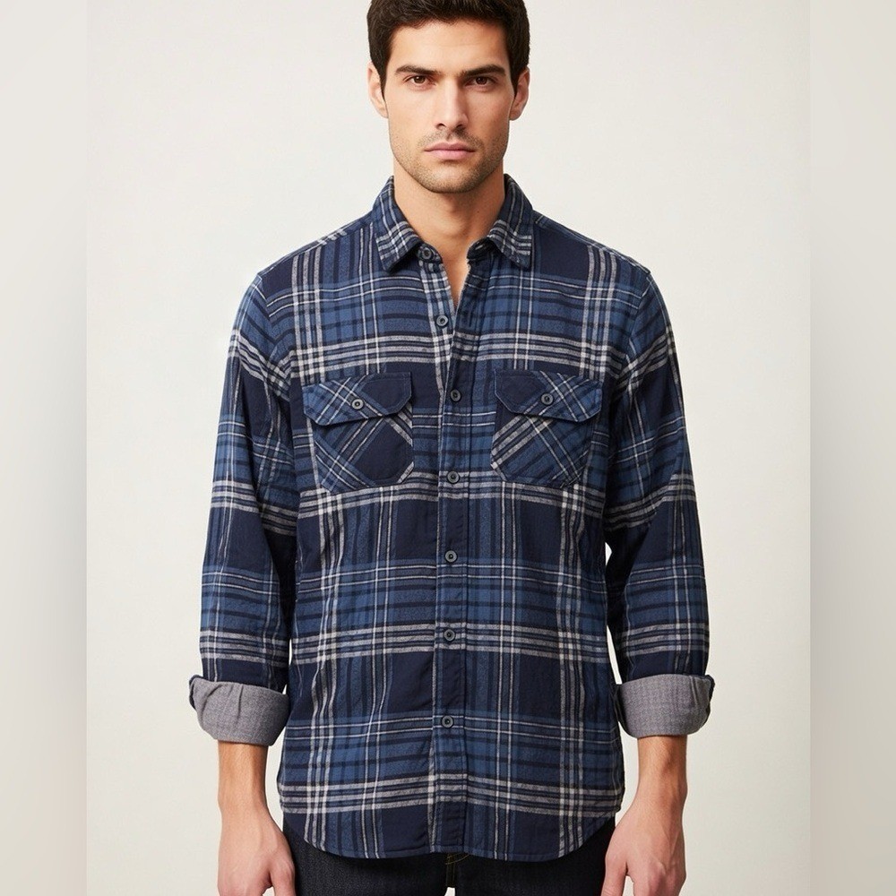 ZARA MAN 1975 Navy Blue Mens Plaid Denim Flannel Button Down Long Sleeve Shirt