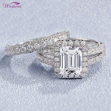 Juego de anillos de boda de plata esterlina con corte esmeralda de Wuziwen