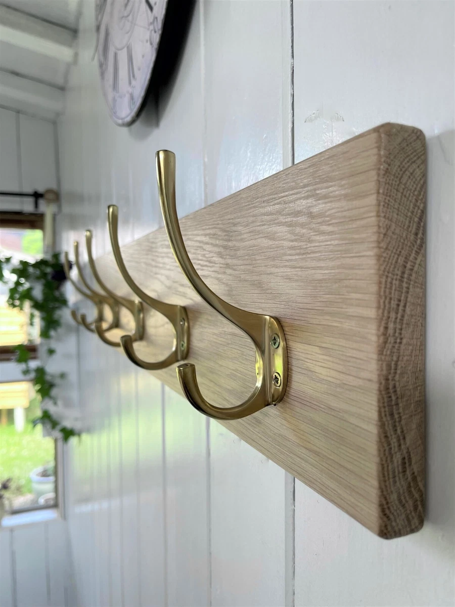 Vintage Style Wooden Oak Coat Rack Modern Brass Hooks eBay