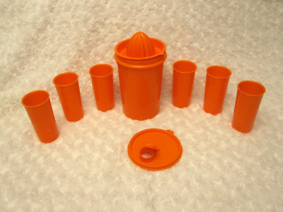 TUPPERWARE Juicer Set Orange-9 pc Pitcher, Spout w/ Seal, Juicer & 6 Tumblers