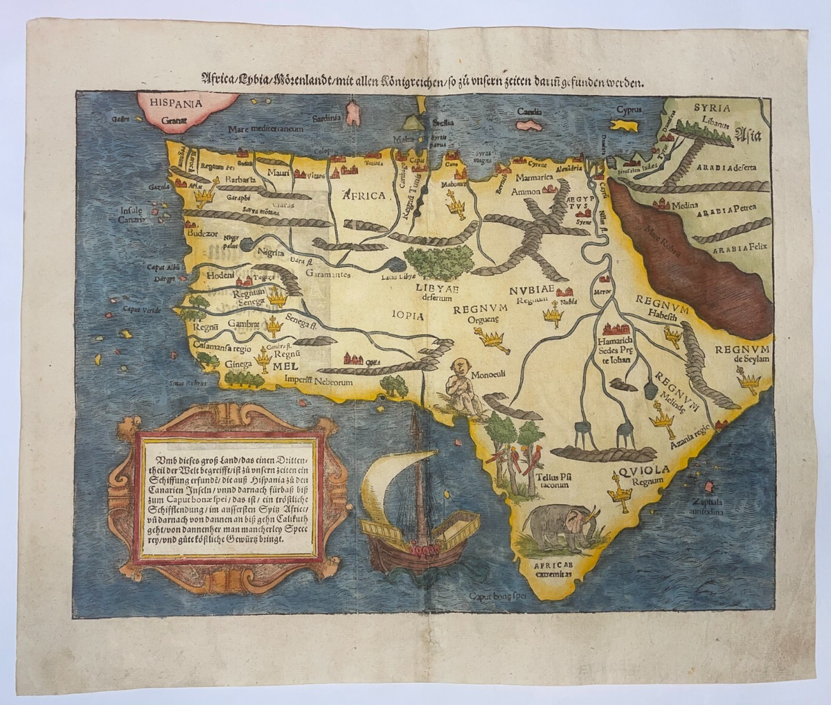 AFRICA 1578 SEBASTIAN MUNSTER LARGE UNUSUAL ANTIQUE MAP GERMAN