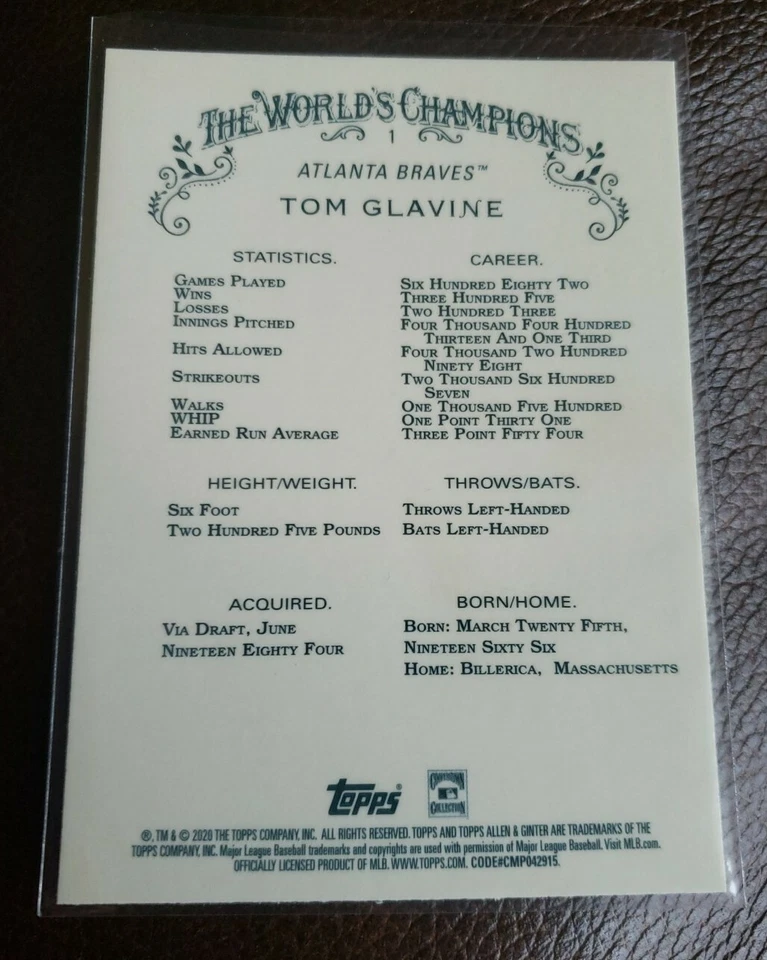 2020 Topps Chrome Allen Ginter #1 Tom Glavine Base Card Atlanta Braves - Image 2 of 2