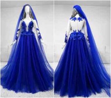 Elegant Royal Blue Wedding Dresses Deep V Neck A Line Bridal Gowns Backless
