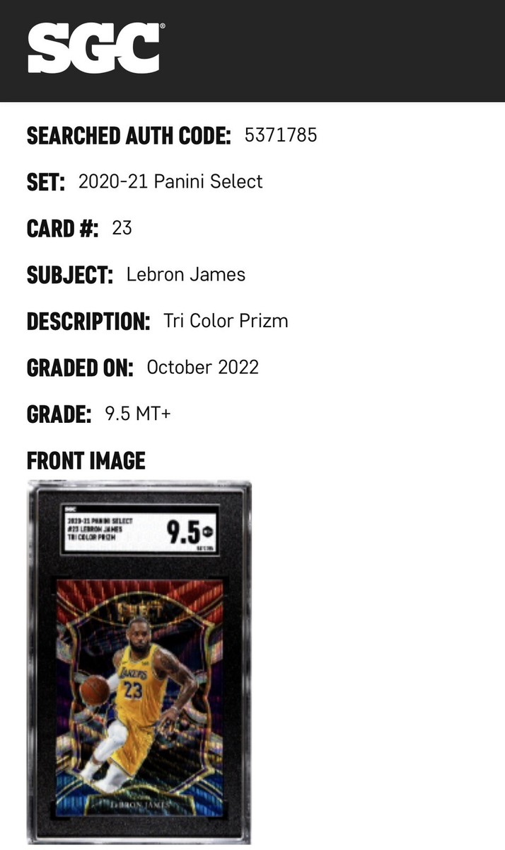 2020-21 PANINI SELECT #23 LEBRON JAMES TRI COLOR PRIZM SGC 9.5