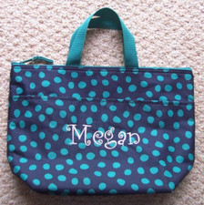 Thirty One Thermal Insulated Tote Lunch Bag Blue Polka Dot Embroidered Megan