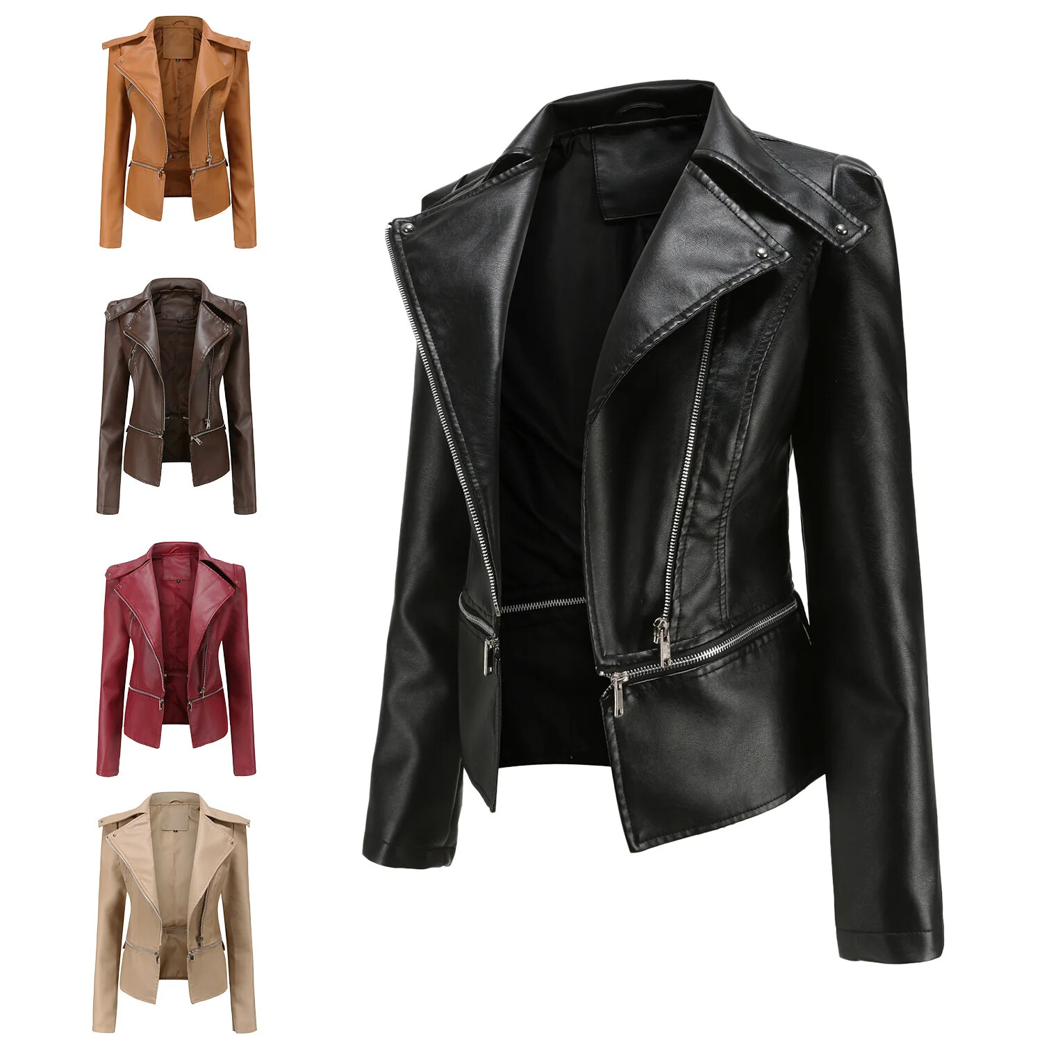 Motorcycle Faux Leather Jacket Women Coat Female Long Sleeve Turn-down Collar