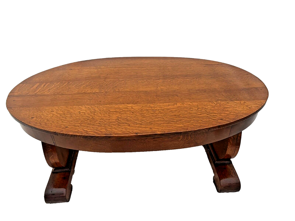 Antique Oval Coffee Table Quarter Sawed Oak Top Center Drawer Empire