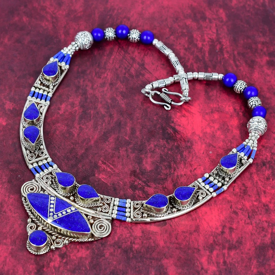 Lapis Lazuli Gemstone 925 Sterling Silver Jewelry Boho Nepali Necklace For Gift - Image 4 of 4