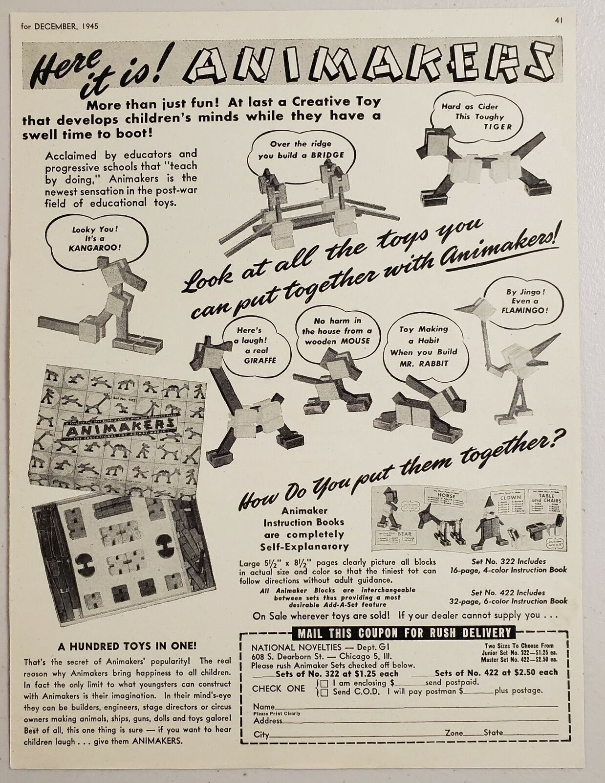 1945 Print Ad Animakers Creative Kids Toys National Novelties Chicago