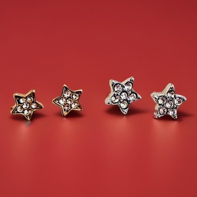  2 Pair Sweet Little Stars-Tiny Sparkling Stud Earrings CZ, Gold & Silver Tone