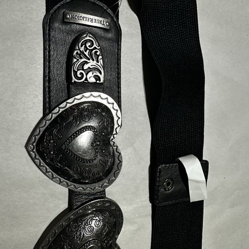 TRUE RELIGION Ceinture Chrome Coeurs Élastique Snap Femme 2X Noir Grunge Goth - Photo 3/6