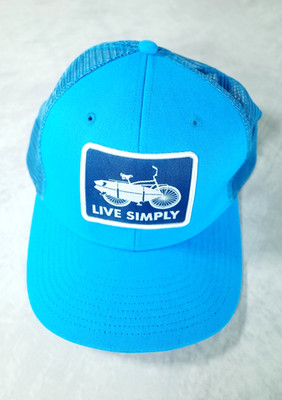 Patagonia Snapback Trucker Hat ''Live Simply'' Blue Surfboard Bicycle Beach OSFA