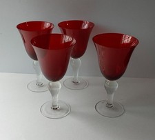 VINTAGE Ruby Red Clear Stem Wine Glasses Water Goblets Set of 4 Collectible