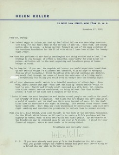 Helen Keller (Secretarial Signed) – American Author & Activist – 1951 Letter