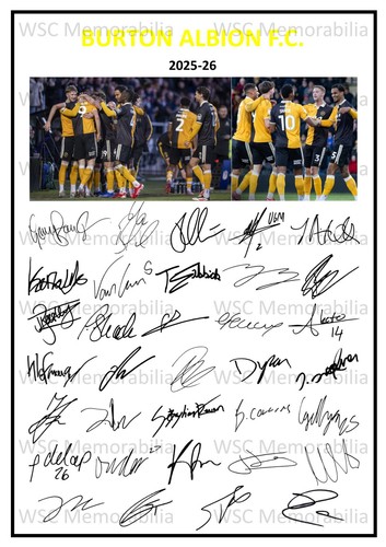 12243. 2025-26 Burton Albion Signed Team Photo Sheet (PRINTED AUTOGRAPHS - A4)