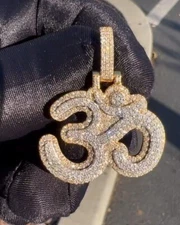 REAL MOISSANITE 3.59CT Round Cut Yellow Gold Plated Silver Custom OM Pendant