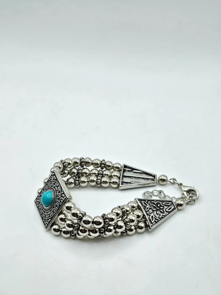 PULSEIRA "Pedra do Solstício" Paparazzi JÓIAS Pedra Turquesa FRISADA Tom Prata - Imagem 2 de 4