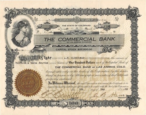 COMMERICAL BANK 1928 STOCK CERTIFICATE LAS ANIMAS BENT COLORADO HAM KLINKERMAN