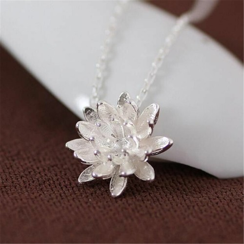 Fashion Sterling Silver Lotus Elegant Flowers Pendants Necklace Womens Jewelry