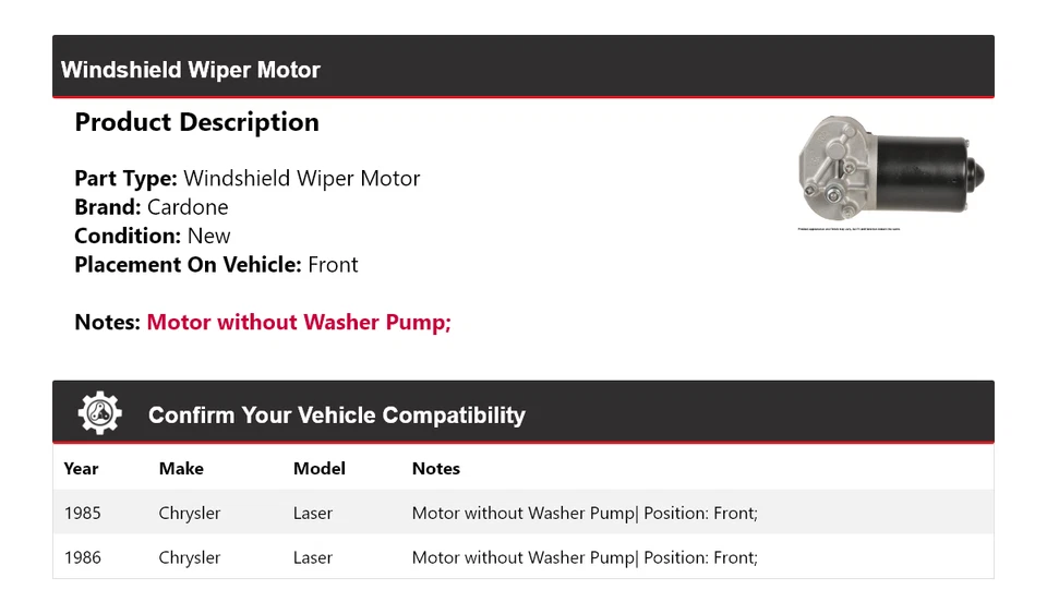Двигатель стеклоочистителя переднего стекла лазерный для Chrysler 1985-1986 годов выпуска - Изображение 2 из 4