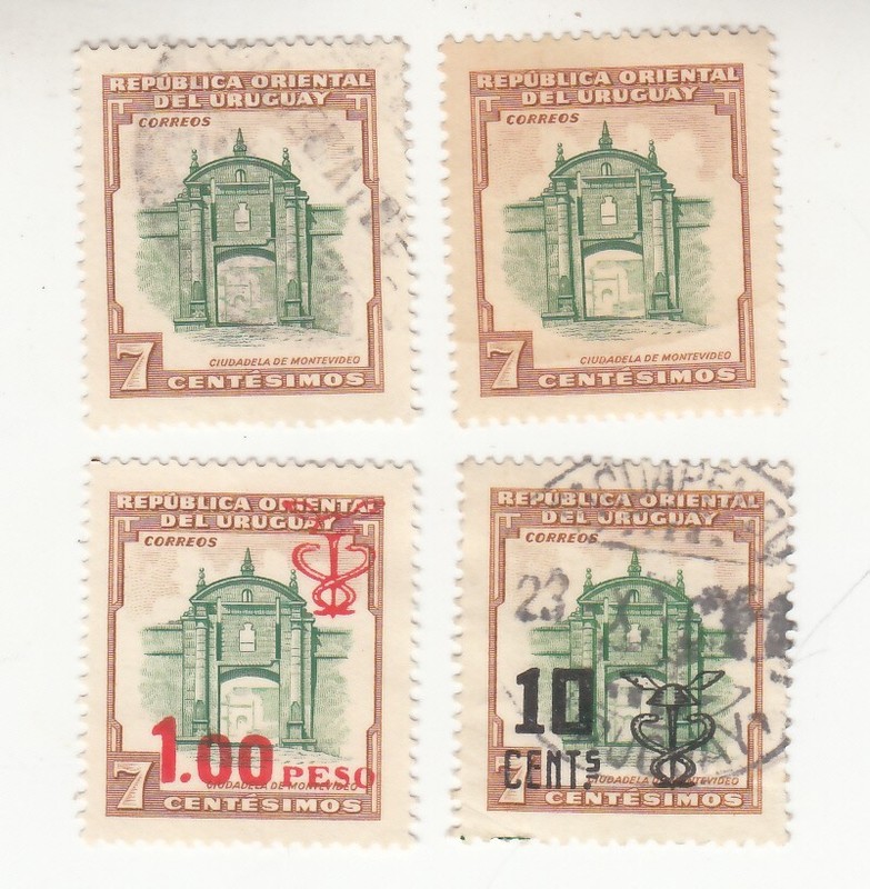 URUGUAY 1954 - 1959. MONTEVIDEO FORTRESS, OP 1p & 10p on 7c. SYMBOL OF MEDI Used