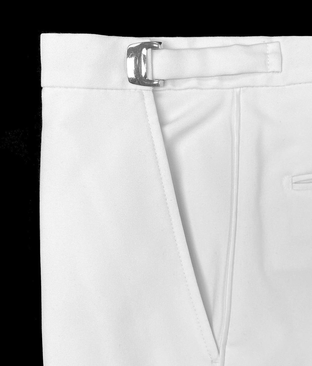 Men's Flat Front White Tuxedo Pants Adjustable Waist with Narrow Satin  Stripe