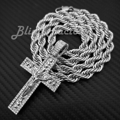 Iced Hip Hop Silver Nugget Cross Pendant & 8mm 24