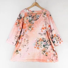 Time And Tru Top Blouse XL Pink Floral Knit Rhinestones 3/4 Sleeve V Neck Casual