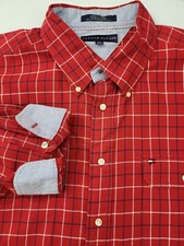 Vtg Tommy Hilfiger Long Sleeve Shirt Red White Gray Checks Plaid Cotton Men 2XL