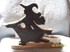 Halloween Standing Black, Silver Glitter Wood Tabletop Witch 12.5" X 10" New No