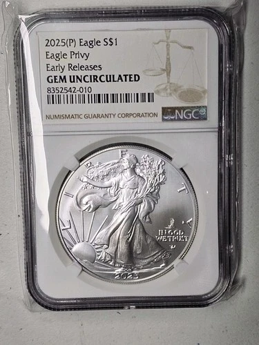 2025-P  Silver Eagle with Eagle Privy NGC Gem Uncirculated.