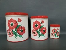 VTG Decorware Kitchen Tin Cannister Set 2 w/ Shaker White Steel Red Roses