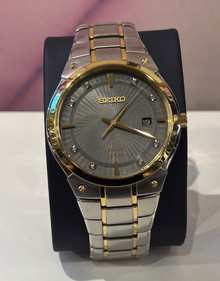 Seiko Solar Two Tone Stainless Steel Men's Watch Grey Sunburst