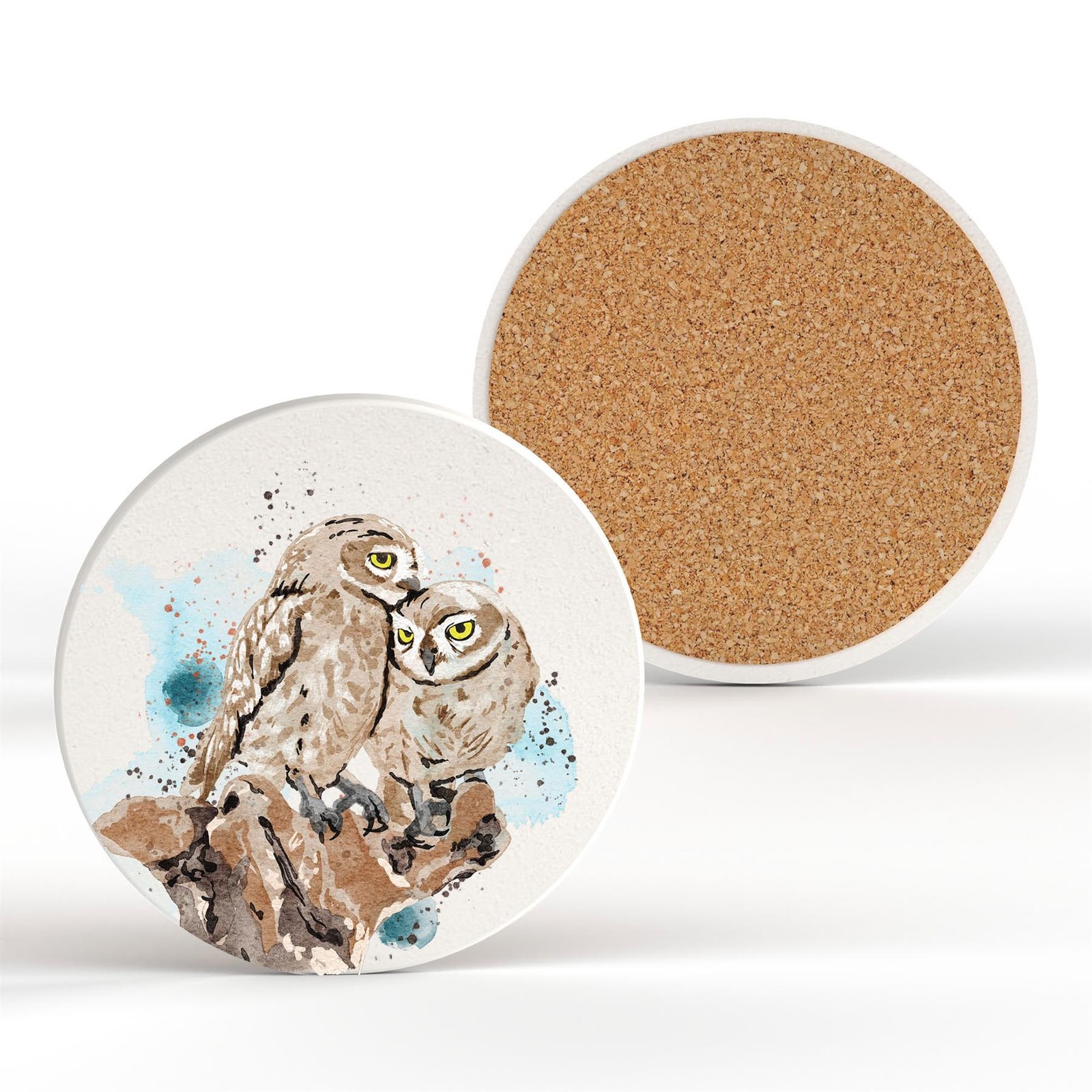 Owls Watercolour Artwork Decorative Ceramic Round Coaster