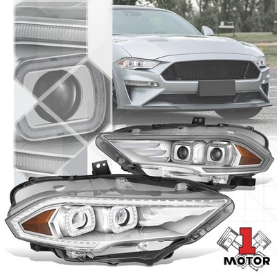 Chrome Amber Full LED 3D Light Bar Dual Projector Headlights for 18-23 Mustang