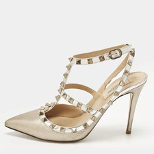 Valentino Rockstud Size 38 Metallic Leather Ankle Strap Pumps