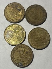 5pcs Mixed Date Germany 10 Pfennig Coins,1950, 1969, 1970, 1972, 1982.circulated