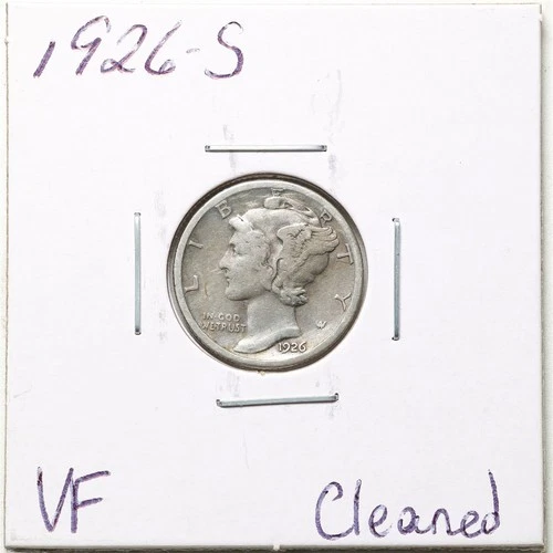 1926-S 10C Mercury Winged Liberty Silver Dime with VF Detail Cleaned #6253