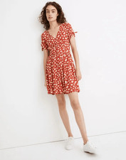 Madewell Dress Button Front Tie-Sleeve Retro Floral Happy Hibiscus Red size 6
